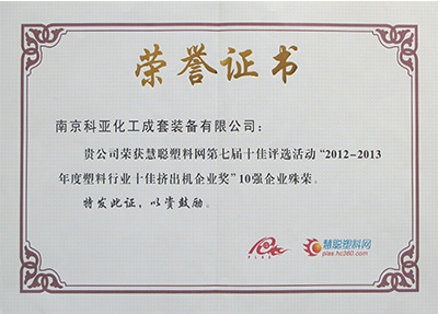 2012-2013 Huicong Industry Top Ten-Extruder Enterprise Award